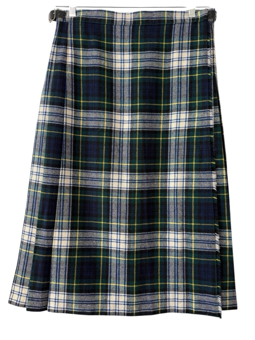 100% Wool Maxi Wrap Tartan Plaid Kilt Navy & Green Size Vintage 12 Adjustable